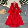 Autumn New Elegant Solid Color Dress Round Neck Diamond Loose Fluffy Splicing Pleated Dress