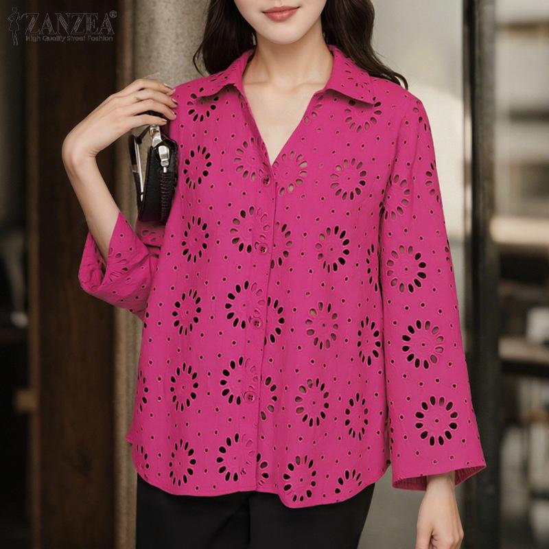 ZANZEA Blusa Casual para Mujer con Cuello Vuelto, Manga 3/4 Holgada, Calada, Patchwork