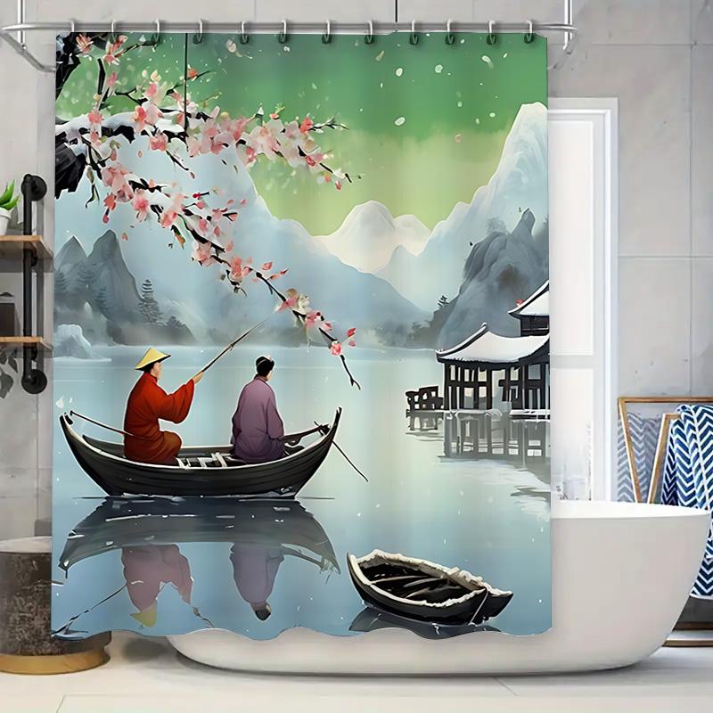 

Elegant Oriental Style Shower Curtain Featuring Serene Lake Scenery With Cherry Blossoms Waterproof Durable Complimentary Hook W60H190(CM)-1 Pcs