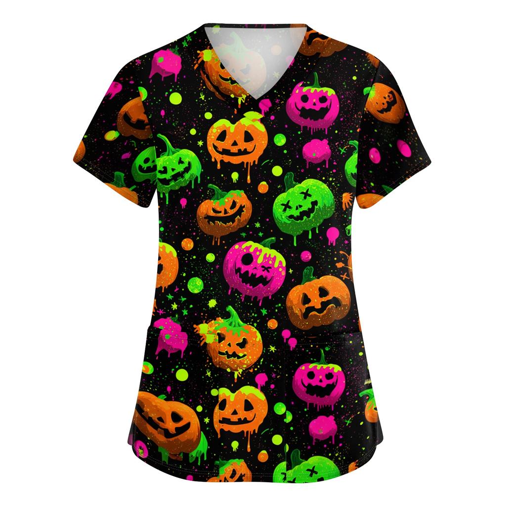 Women's V Neck Short Sleeve Work Top with Pockets Halloween Print Medical Uniform Shirt for Caregivers and Healthcare Professionals