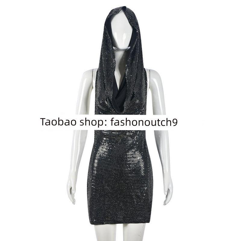 

2025 Fashion Sexy Hooded Hollow Backless Dress Black S