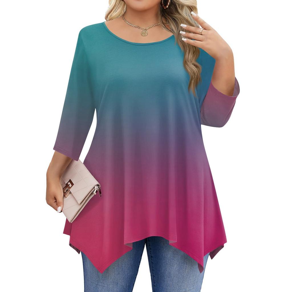 Dámská trička s 3/4 rukávem plus size, tunikové topy s kulatým výstřihem, základní volný střih, trička L-5XL