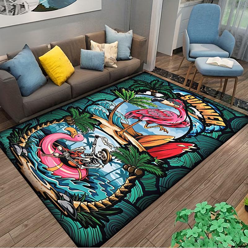 Summer Flamingo and Pirate Skeleton Tropical Cartoon Carpet Design Suitable for Use As an Anti-slip for Living Room Bedroom Sofas