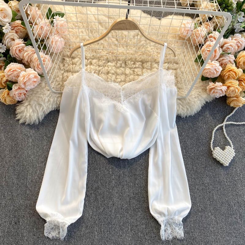 

RUGOD Рубашка с подтяжками на бретельках Goddess Fan Xinji Блузка с открытыми плечами и длинными рукавами Атласная рубашка с кружевным краем и дизайном Sense of Minority