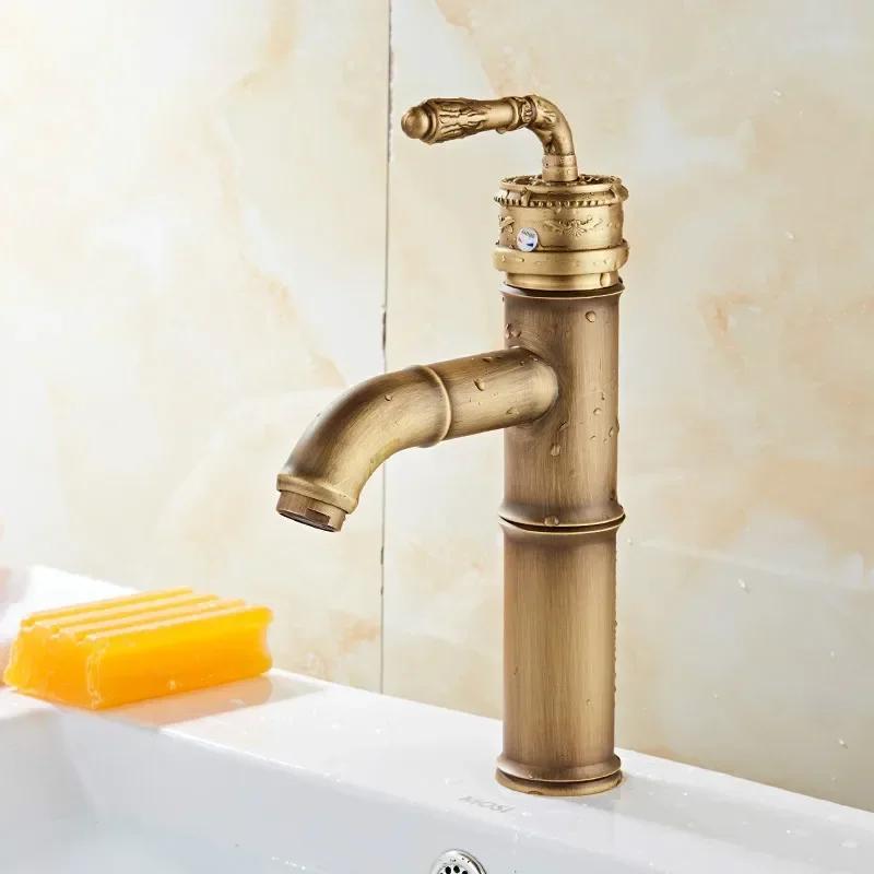 

Brass Faucet Bathroom Bamboo Waterfall Faucet Hot and Cold Mixer Taps Retro Single Handle Antique Deck Mounted Sink Taps