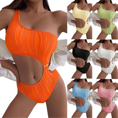 Women's One-piece Swimsuit Sexy Solid Color Textured Fabric Sexy One-shoulder Swimsuit