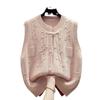 Round Neck Cardigan Chinese Style Knitted Vest Women's Spring Autumn Loose Outerwear Gilet Sweater Waistcoat