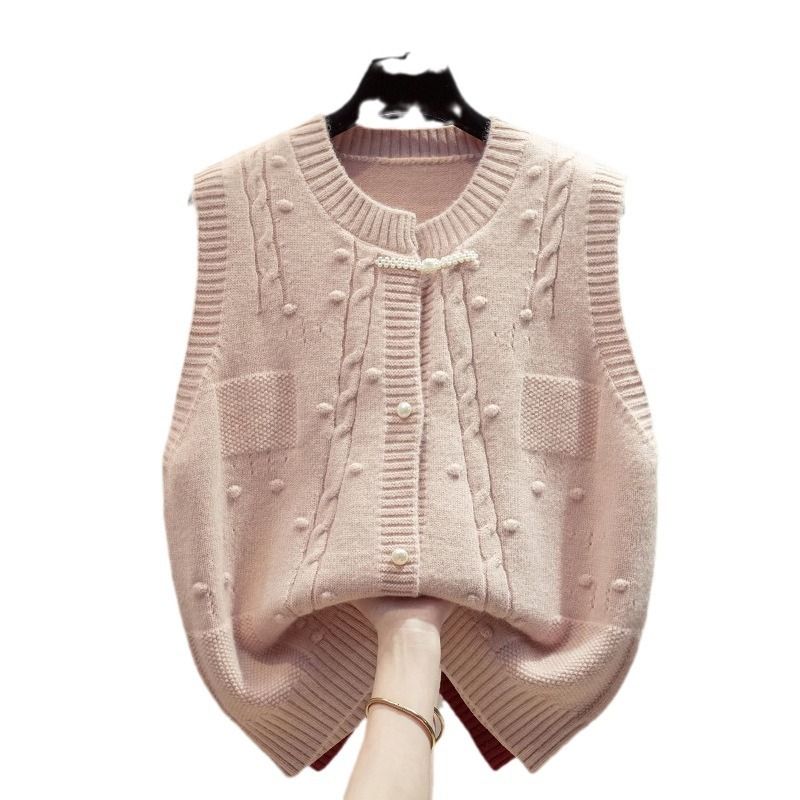 Round Neck Cardigan Chinese Style Knitted Vest Women's Spring Autumn Loose Outerwear Gilet Sweater Waistcoat