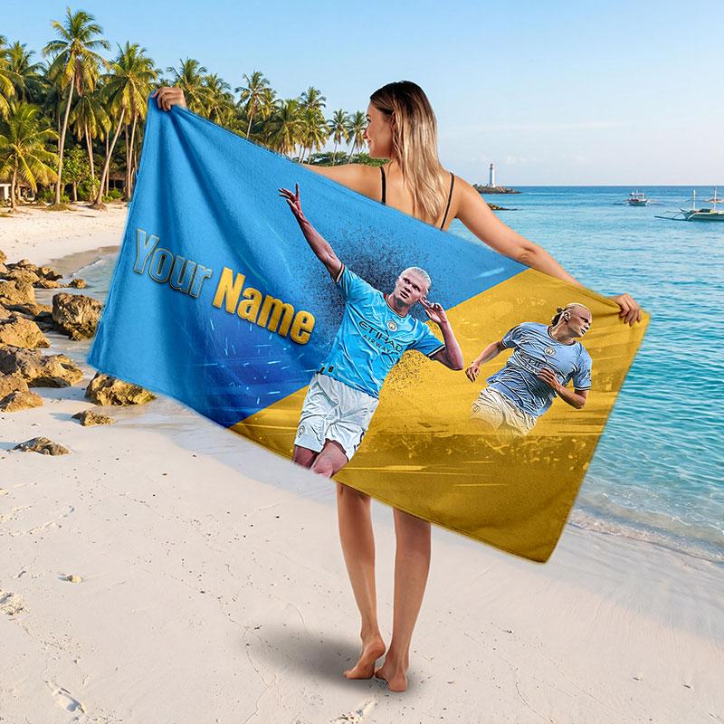 Erling Haaland Custom Beach Towel, Personalized Name Text Print, Football Logo Soft Quick‑Dry Towel Holiday Gift