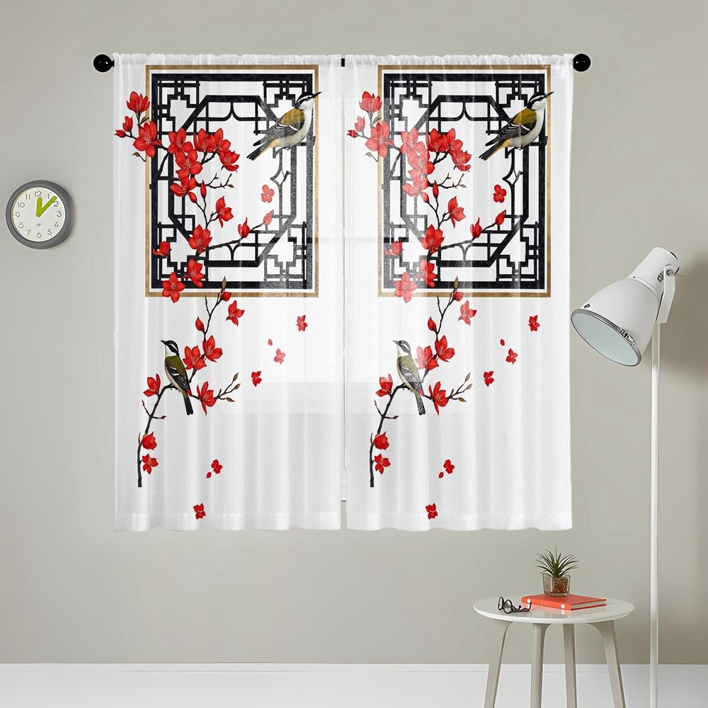 2-piece HD Digital Ancient Style Red Wing Plum Figure Printed Window Veil Home Decorating Style Decorative Living Room Bedroom R