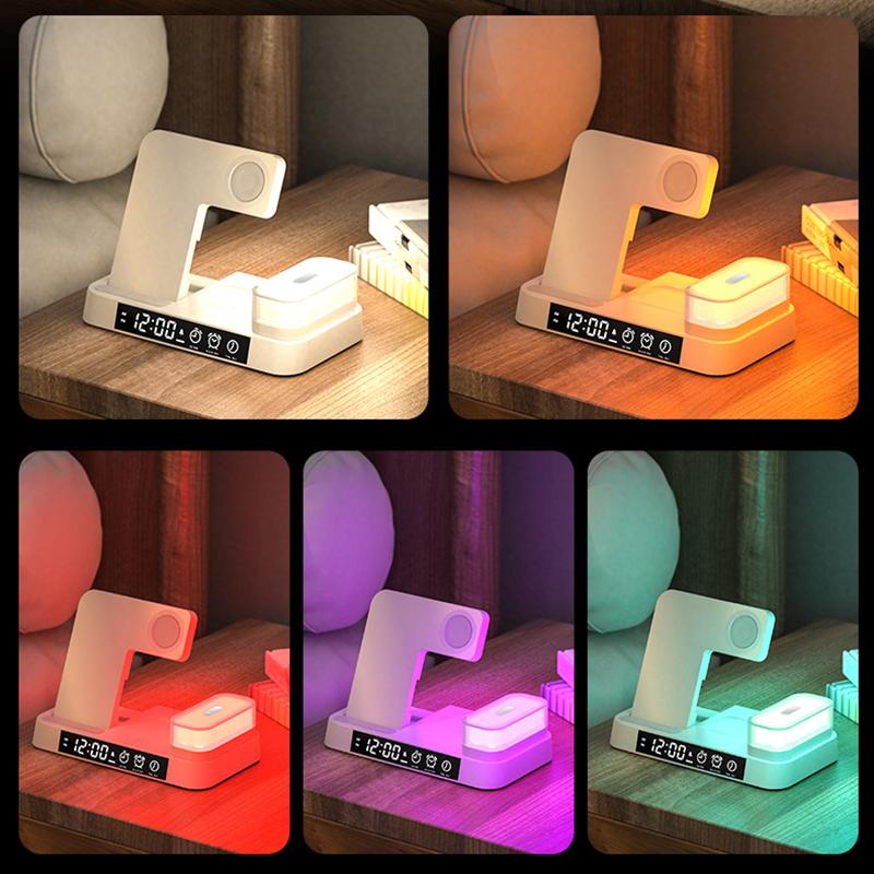 VAORLO 4 IN 1 kabelloses Ladegerät 15 W QI Schnellladung für Apple Watch Smartphones Airpods unterstützt Wecker mit RGB-Nachtlicht