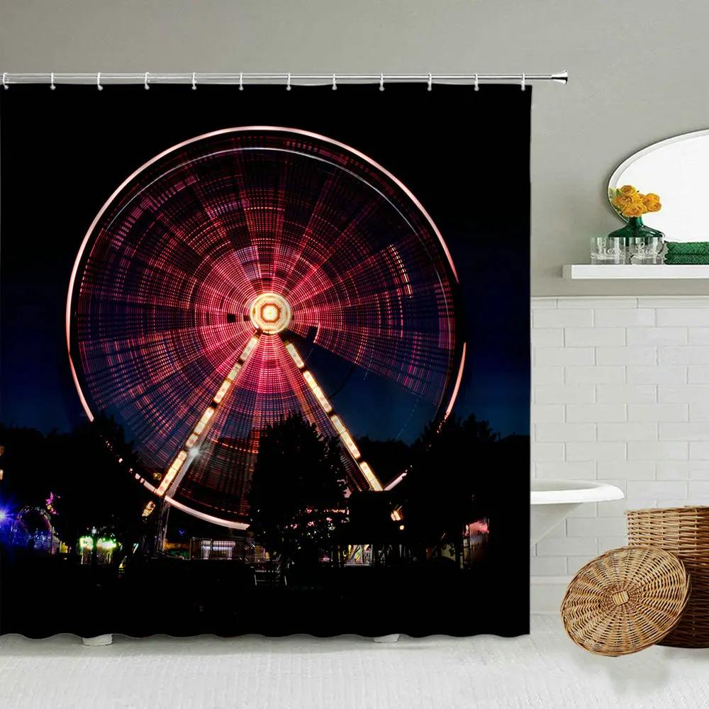 

Urban Architecture Ferris Wheel Shower Curtain French Romantic Vintage Bathroom Decoration Waterproof Polyester Screen With Hook W60H190(CM)-1 Pcs