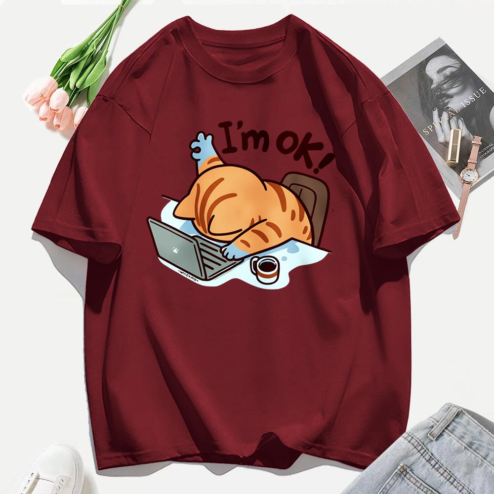 A Cat That Persists In Work Print Women T Shirts Casual Hip Hop Tees Tops Multicolor Cotton Sportswear Loose Short Sleeve Female