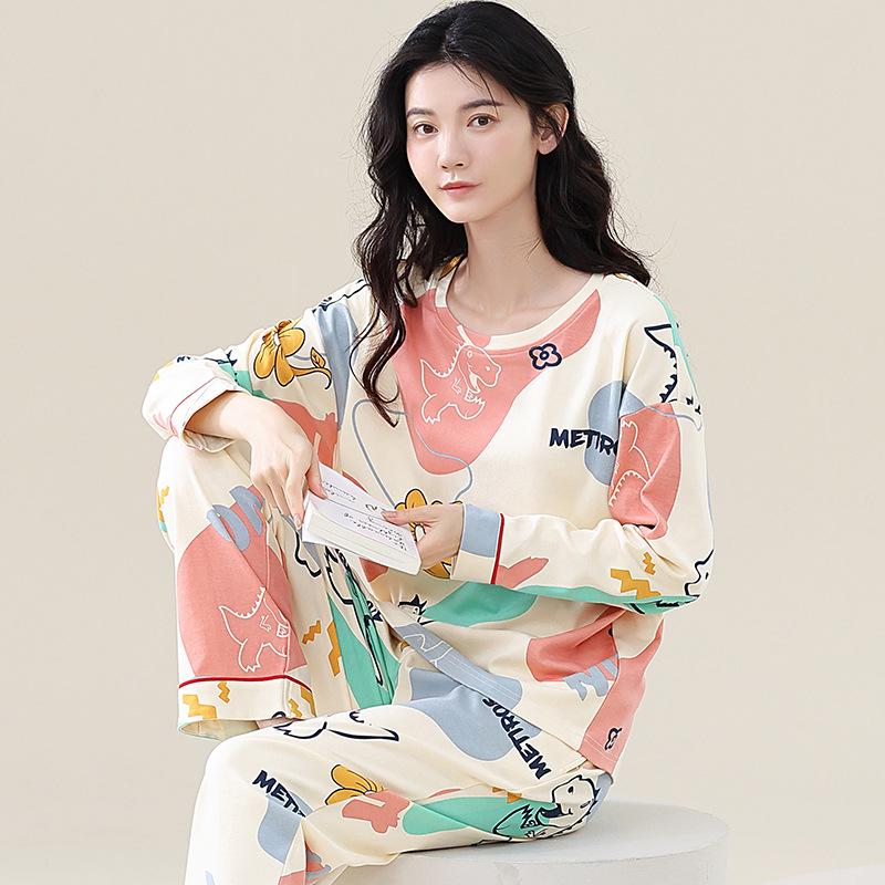 Women's Korean-Style Pure Cotton Printed Long Sleeve Pajama Set for Autumn/Spring