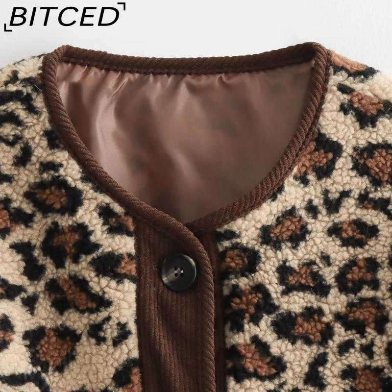 BITCED Women's Autumn Button-Front Fashion Leopard Print Oversized Shearling Coat