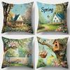 Home Decor Spring Scenes: House, Birds, Flower Pillow Covers Pattern Cushion Cover Suitable For Sofa Bedroom Car Pillow Cover