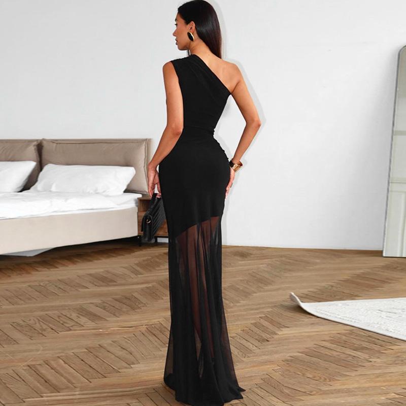 Off Shoulder See Through Dress Solid High Waist Patchwork Backless Slim Long Dress Women Vacation Party Evening Dresses