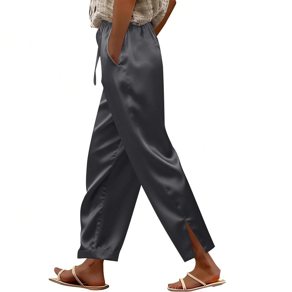 Slacks Casual Womens Satin Loosefit With Elastic Drawstring And Side Slit