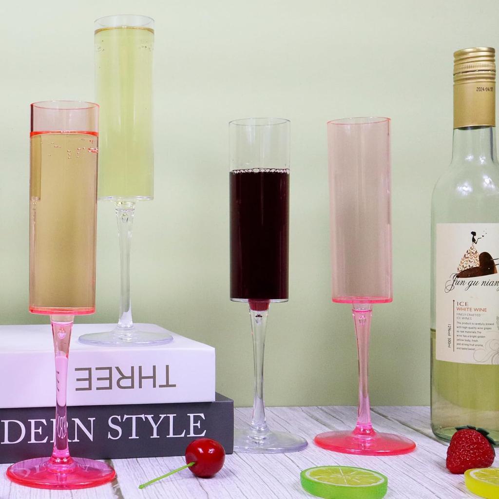 12 Pcs Pink Acrylic Champagne Flutes 6 OZ Unbreakable Tall Stemmed Glasses for Wedding Anniversary Birthday