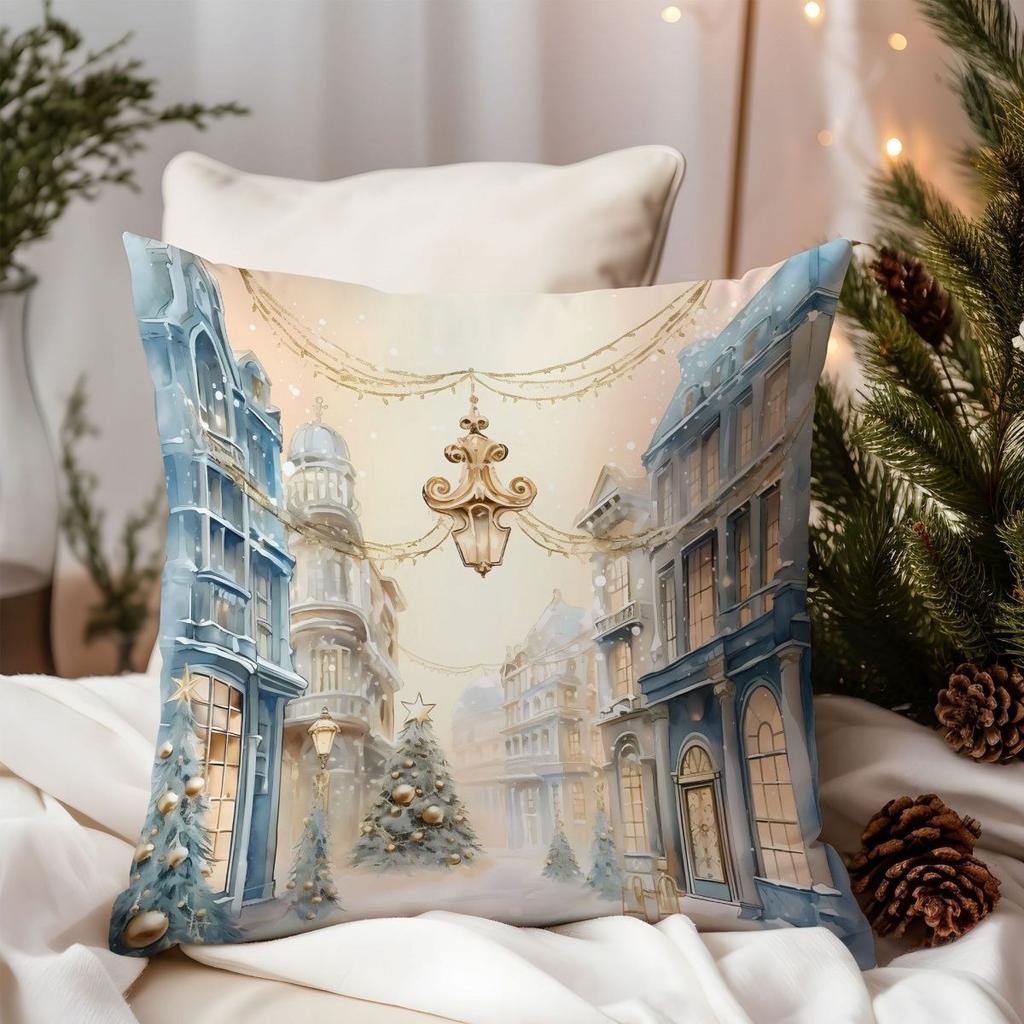 Christmas Blue Floral & Golden Pine Cone Throw Pillow Cover, Festive Elegant Printed Cushion Case