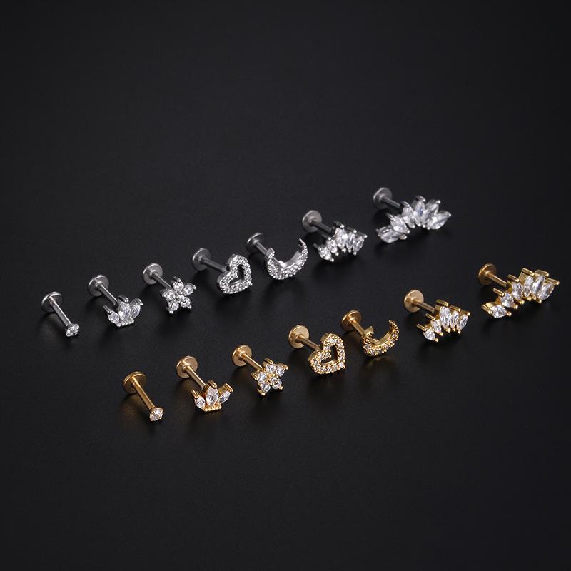 Zircon Heart & Flower Stainless Steel Labret Stud for Ear Cartilage Piercing