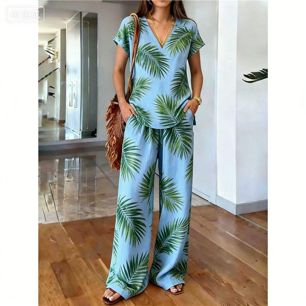16 overseas hot-selling printing sets, classic European and American style, loose wide-leg pants women's fashion wear two-piece set