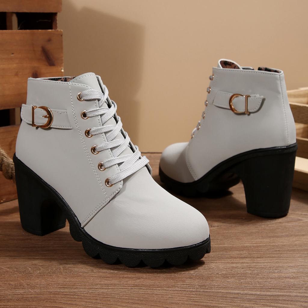 Foreign Trade Thick Heel Short Boots Round Head Lace-up and Bare Boots New High Heel Side Zipper Martin Boots Women's Single Boots Belt Buckle