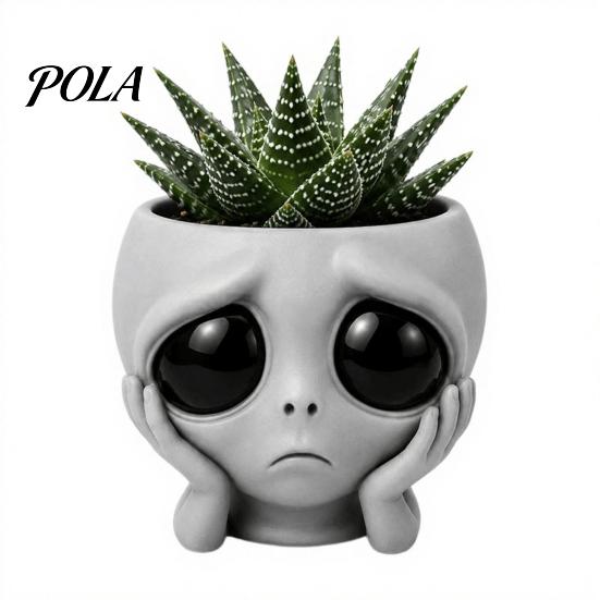 Desktop Plant Pot Funny Alien Face Planter, 3D Printed Novelty Pot, Cute Gray Cactus Head Planter for Succulents Cacti Home Table Shelf Decoration