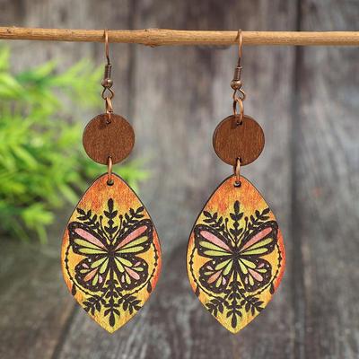 Retro Butterfly Print Wooden Earrings: Bohemian Water Drop Dangle
