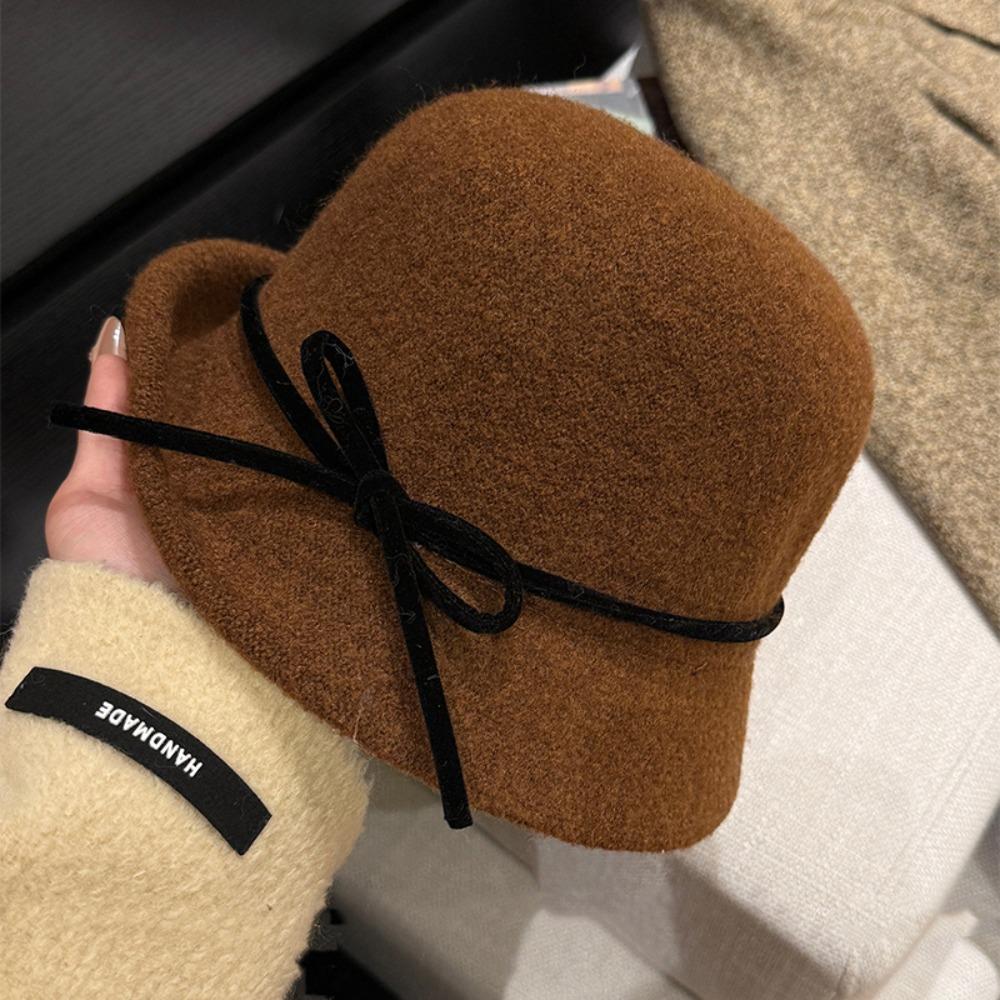 Elegant Woolen Bucket Hat Bowknot Wool Fisherman Hat Retro Hepburn Style Topper Hat Outdoor