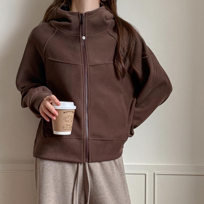 Autumn and winter thickened hooded sweater jacket women's loose and thin zipper cardigan solid color casual top