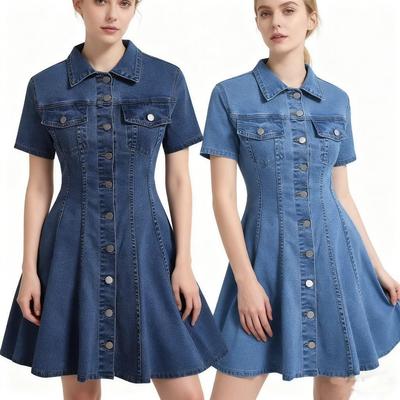New Cross-Border Women's Slimming Short-Sleeved Denim Dress with Waist-Cinching Design