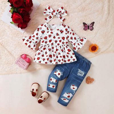 New Autumn Solid Color Long-sleeved Pullover for Infants and Young Children Beetle Sleeveless Dress Top and Digital Printed Trousers