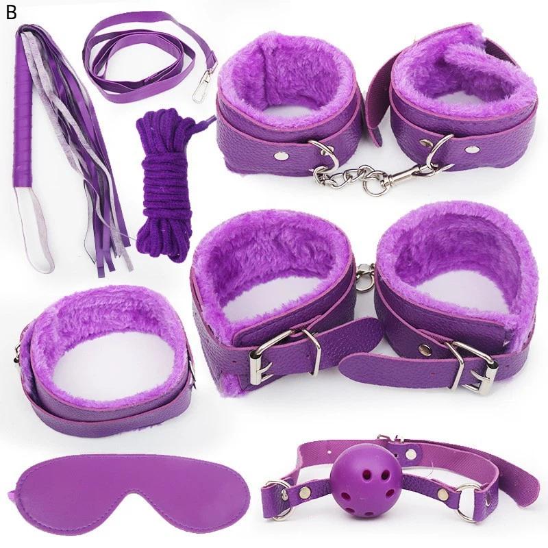 7Pcs/Set Sexy Leather Plush Sex Toys Bondage Kit Handcuffs Feather Blindfold Flirt Exotic Accessories Couples Adult Games