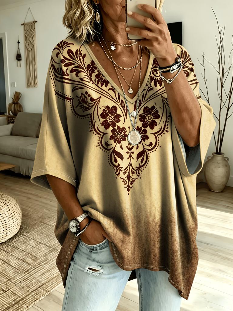 Bohemian Style Totem Printed V-neck Short-sleeved, Fat Girl Loose Shoulder Mid-sleeve Casual T-shirt, Accessories Not Included