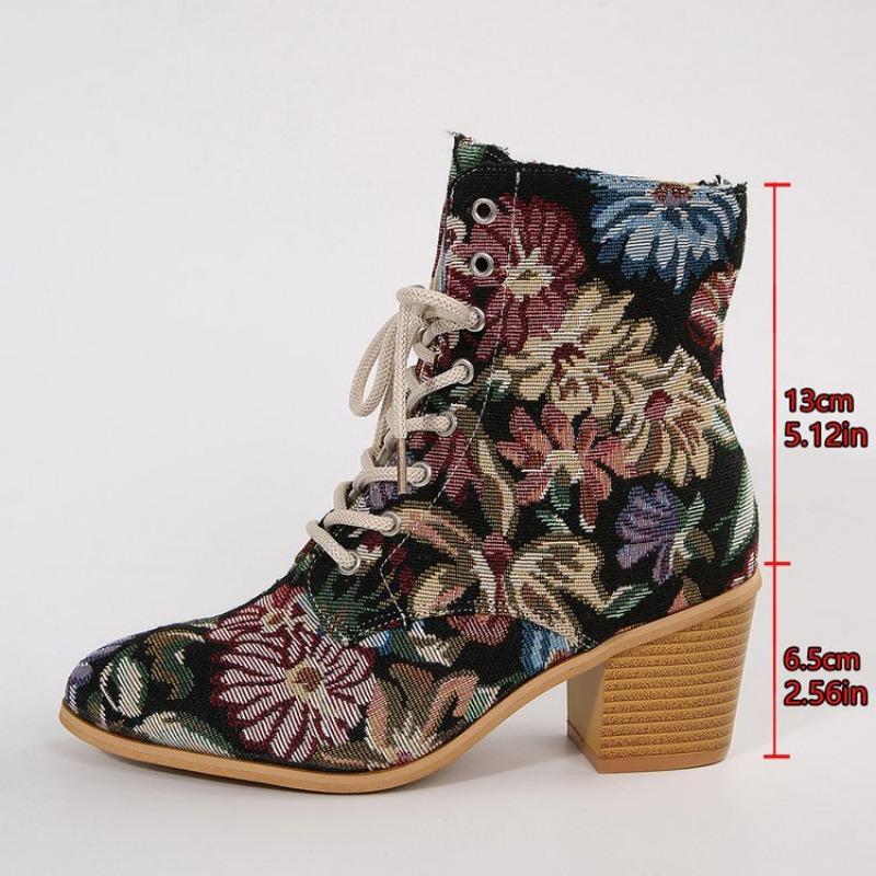 

Retro Embroidered High-heeled Short-top Knight Boots, Women s Shoes, Thick-heeled Pointed-toe Lace-up Boots 36 чёрный
