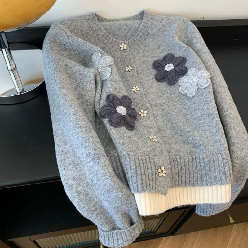 Women's Korean Floral Knit Cardigan - Autumn/Winter 2026 Lazy Style Embroidery Sweater