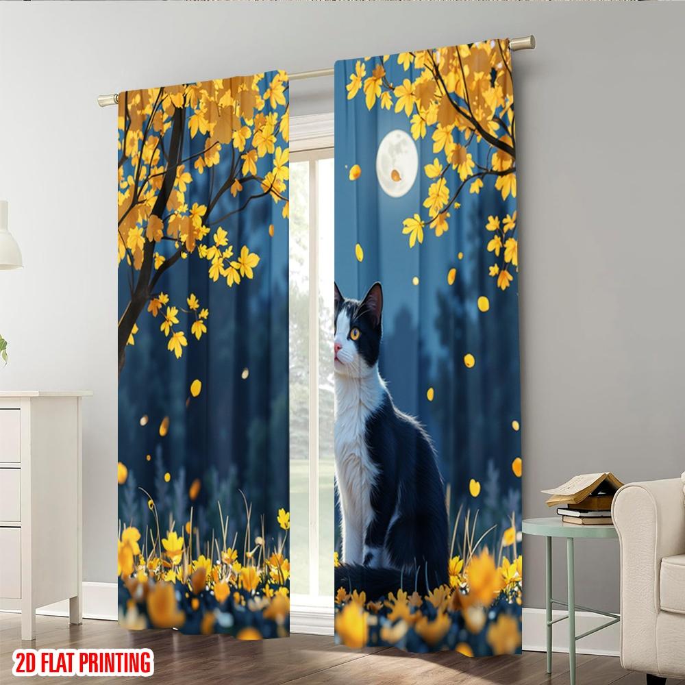 Set Of 2 Flat Printing Window Treatment Curtains Cats Staring Quiet Moonlight Polyester Fabric Without Electricity Festive Curtain