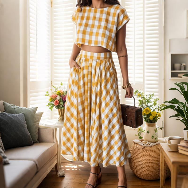 ZANZEA Women Short Sleeve Blouse and Long Skirts Plaid Print Two Piece Sets