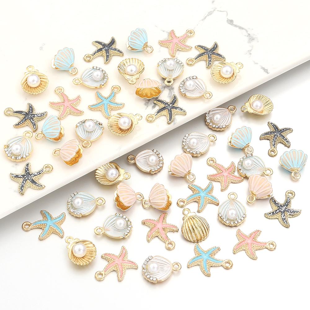 10pcs/lot Alloy Enamel Pendant Colorful Scallop Starfish Shell Shape Charms For DIY Fashion Earring Necklace Jewelry Accessories