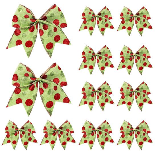 12 Pcs Red Green Dot Christmas Bow Rustic Burlap Bow with Green Furry Hair And Santa Hat for Xmas DIY Crafts Party Decoration