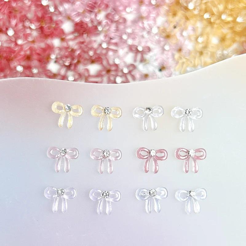 10PCS Solid Color Minimalist Bows Nail Charms Translucent Jelly Bowknots Mini Rhinestones Inlaid Nail Art Decorations for DIY