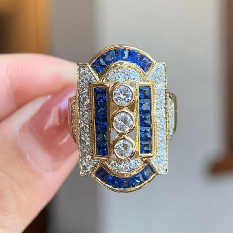 Attractive Inlaid with Blue White Stone Gold Color Round Square Rings  Party Rings for Women Jewelry