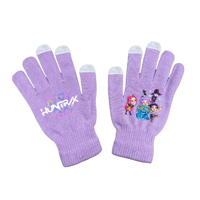 Kids Boys Girls Kpop Hunters Derpy Rumi Zoey Mira Printed Velvet Autumn Winter Warm Knitted Gloves