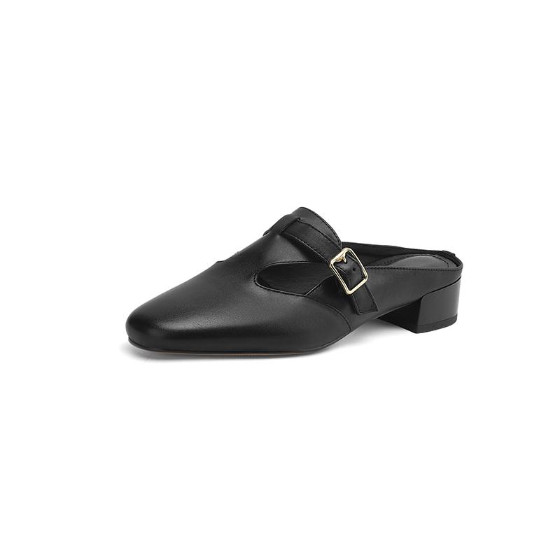 Fashion Women's new summer genuine leather cowhide color blocked round toe, mid heel, plus size belt buckle, wrapped in Mueller slippers