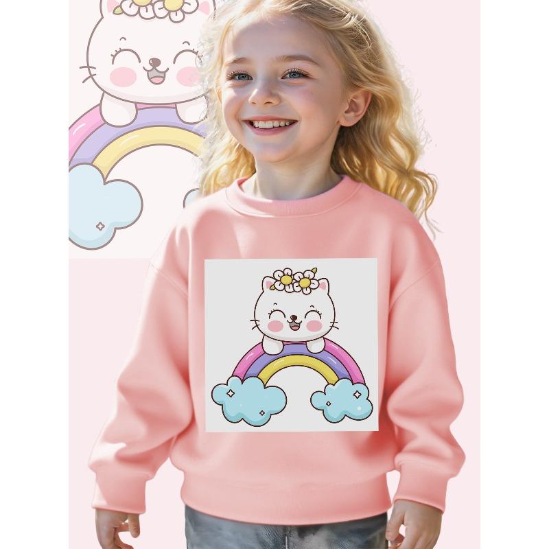 Long Sleeve Crewneck Sweatshirt Featuring a "Kawaii Cat on a Rainbow" Print for Girls And Boys - a Soft
