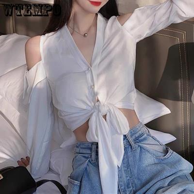 Off Shoulder Women Shirt Sexy V-neck Short French Style Chic Long Sleeve Shirt StreetWear Casual Top Blouse Women