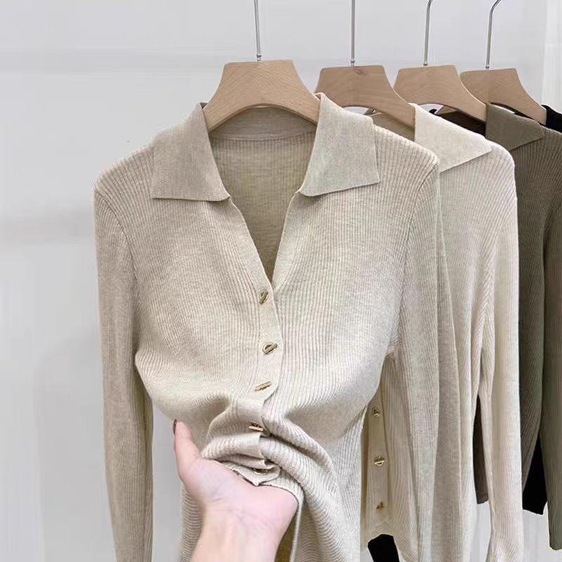 

Lapel knitted cardigan women s early autumn new solid color lapel top long sleeve fashion temperament sweater women One Size