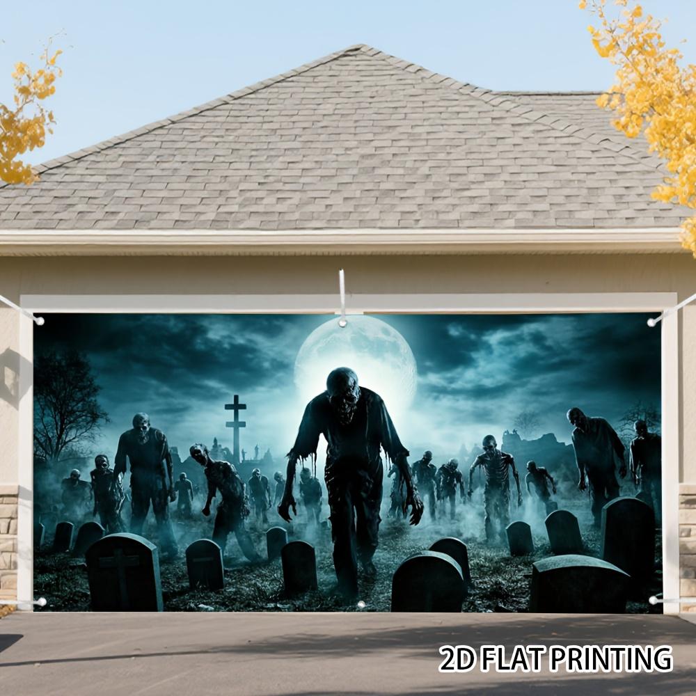 One Halloween zombie cemetery garage door decoration - featuring zombies.PMJ