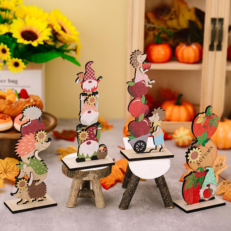 Wooden Thanksgiving Whimsical Decorations Featuring Cute Gnome Hedgehog And Charming Apple Pumpkin Designs